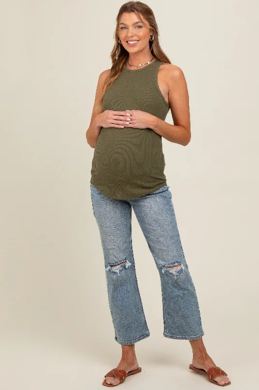 Blue Open Knee Ankle Straight Leg Maternity Jeans