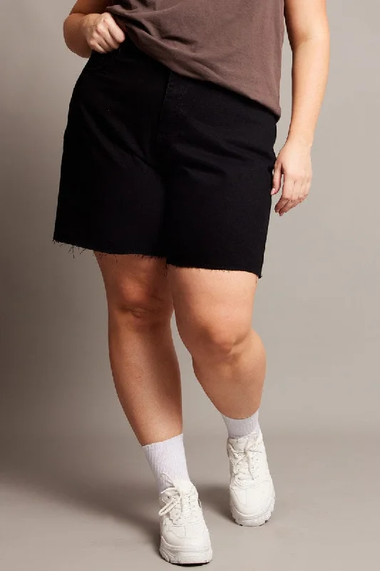 Black Longline Shorts High Rise Relaxed Fit Raw Hem