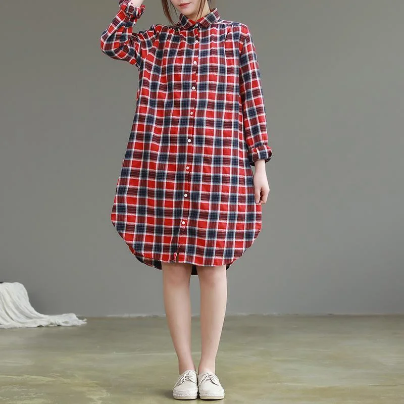 Simple lapel Button Down Cotton dress Vintage cotton red Plaid daily Dresses